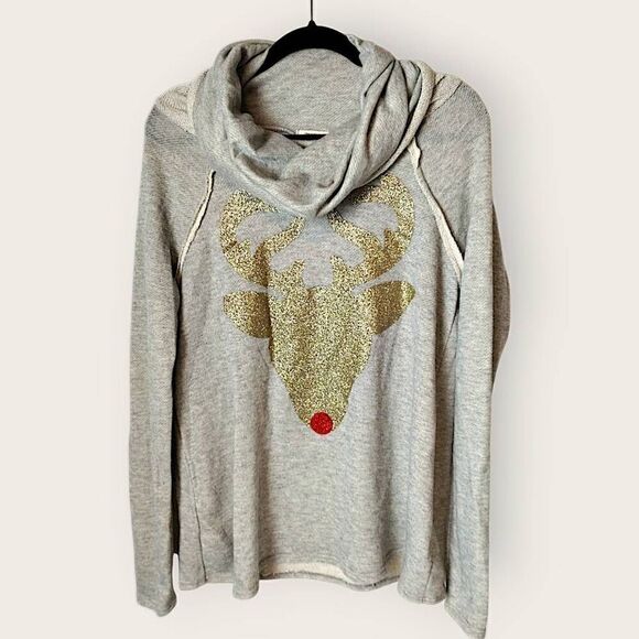 12pm By Mon Ami Womens Tee Sz M Unisex Cowl Neck Grey Gold Sparkle Reindeer Xmas - Picture 1 of 9